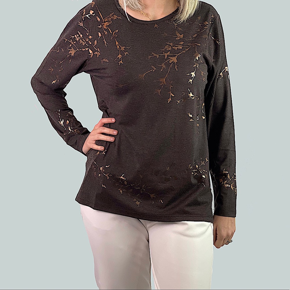 Brown Crew Neck Long Sleeve Top